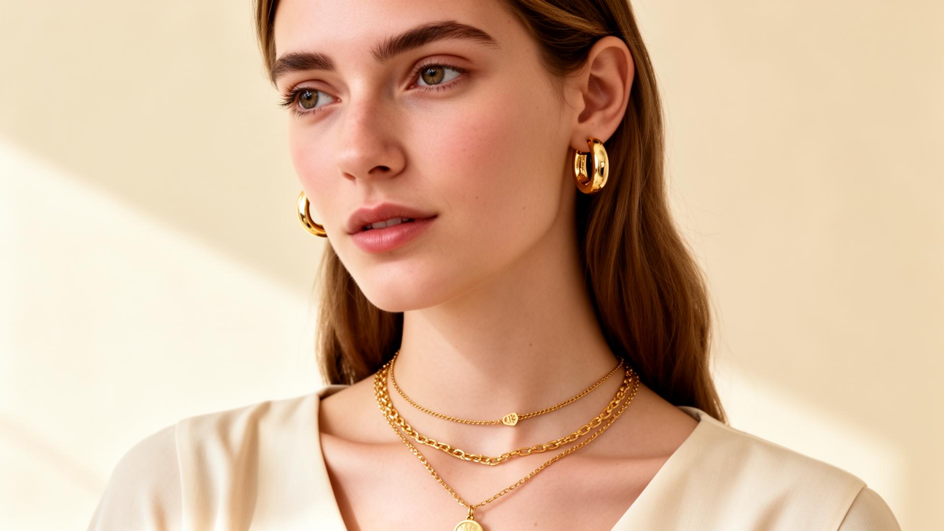 Woman wearing Aurelia & Co waterproof gold huggie earrings and layered necklaces